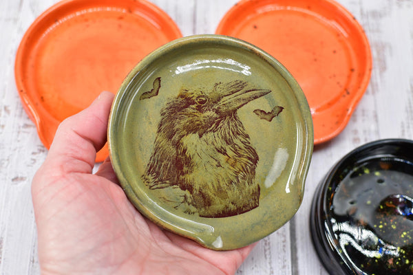 Raven Bird Ceramic Spoon Rest, Handmade Pottery, Medium for Stovetop Halloween, Countertop, Coffee Tea in Ghost Orange, Black, Olive Brown