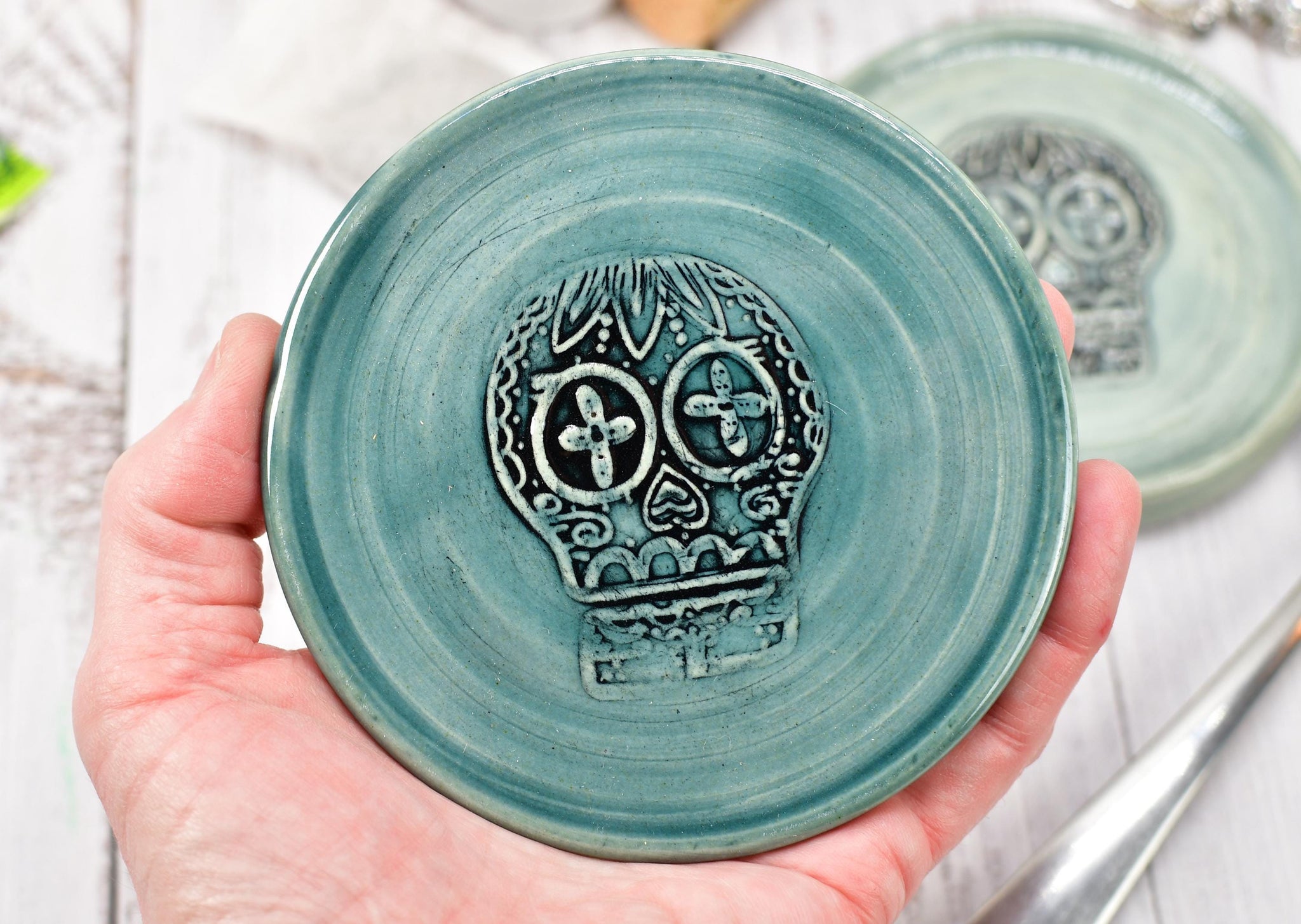 Sugar Skull Ceramic Spoon Rest, Handmade Stoneware Pottery in Blue, Gray, Black, Ring & Trinkets, Day of The Dead, Coffee or Tea Bar Kitchen