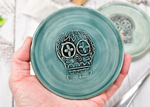 Sugar Skull Ceramic Spoon Rest, Handmade Stoneware Pottery in Blue, Gray, Black, Ring & Trinkets, Day of The Dead, Coffee or Tea Bar Kitchen