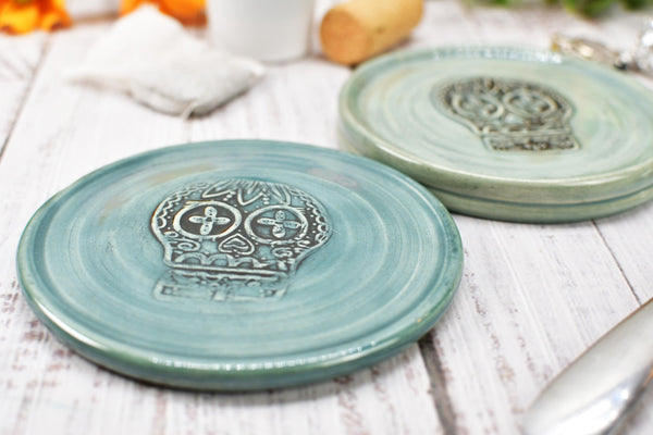 Sugar Skull Ceramic Spoon Rest, Handmade Stoneware Pottery in Blue, Gray, Black, Ring & Trinkets, Day of The Dead, Coffee or Tea Bar Kitchen