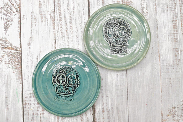 Sugar Skull Ceramic Spoon Rest, Handmade Stoneware Pottery in Blue, Gray, Black, Ring & Trinkets, Day of The Dead, Coffee or Tea Bar Kitchen