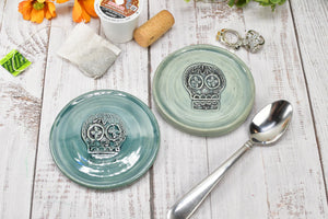 Sugar Skull Ceramic Spoon Rest, Handmade Stoneware Pottery in Blue, Gray, Black, Ring & Trinkets, Day of The Dead, Coffee or Tea Bar Kitchen