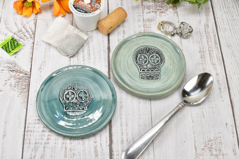 Sugar Skull Ceramic Spoon Rest, Handmade Stoneware Pottery in Blue, Gray, Black, Ring & Trinkets, Day of The Dead, Coffee or Tea Bar Kitchen