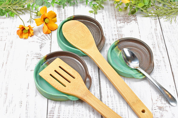 Bronze & Verdigris Green Ceramic Spoon Rest, Handmade Medium / Large Stoneware Pottery, Stove, Countertop Coffee Tea Bag Holder, Anniversary