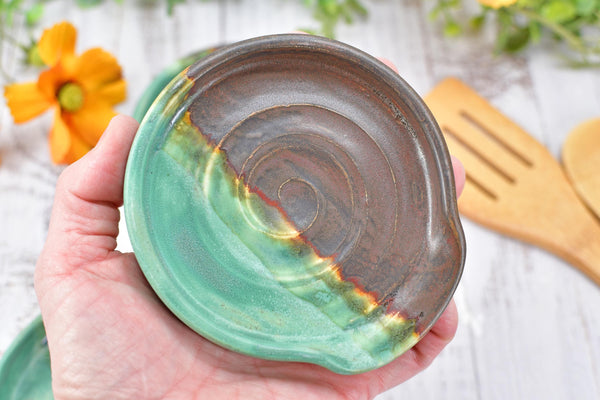 Bronze & Verdigris Green Ceramic Spoon Rest, Handmade Medium / Large Stoneware Pottery, Stove, Countertop Coffee Tea Bag Holder, Anniversary