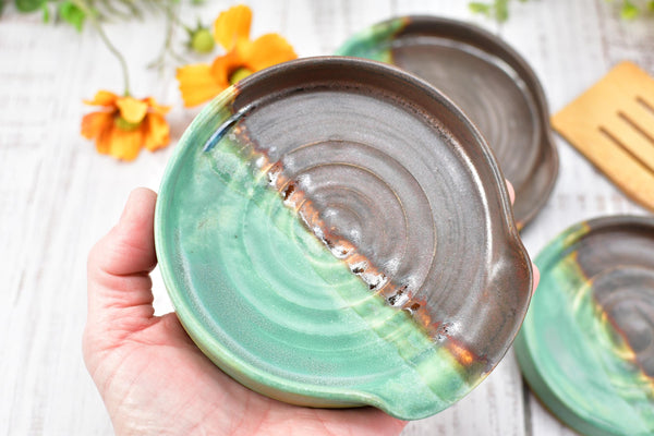 Bronze & Verdigris Green Ceramic Spoon Rest, Handmade Medium / Large Stoneware Pottery, Stove, Countertop Coffee Tea Bag Holder, Anniversary