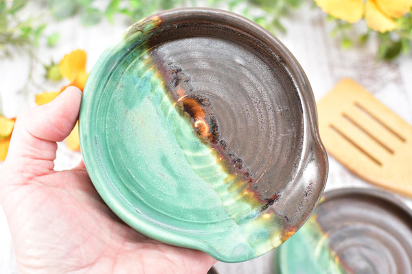 Bronze & Verdigris Green Ceramic Spoon Rest, Handmade Medium / Large Stoneware Pottery, Stove, Countertop Coffee Tea Bag Holder, Anniversary