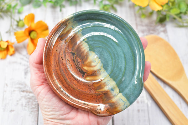 Copper & Turquoise Ceramic Spoon Rest, Handmade Medium Stoneware Pottery, Stovetop, Tabletop, Countertop Coffee Tea Bag Holder, Soap Dish