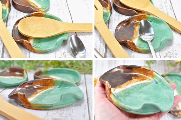 Ceramic Spoon Rest Handmade Copper Verdigris Green BBQ Air Fryer Tong Cooking Medium Large Stoneware Pottery Stovetop Countertop Coffee Bar