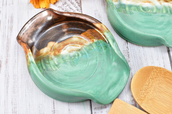 Ceramic Spoon Rest Handmade Copper Verdigris Green BBQ Air Fryer Tong Cooking Medium Large Stoneware Pottery Stovetop Countertop Coffee Bar