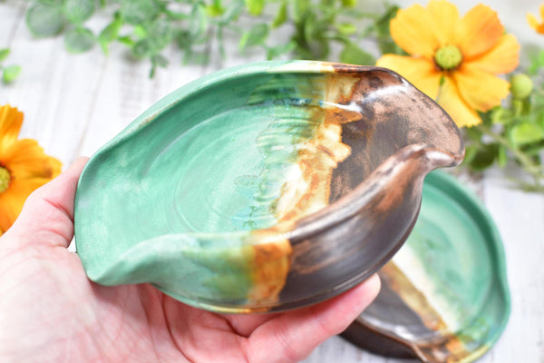 Ceramic Spoon Rest Handmade Copper Verdigris Green BBQ Air Fryer Tong Cooking Medium Large Stoneware Pottery Stovetop Countertop Coffee Bar