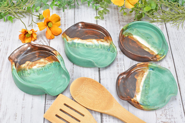 Ceramic Spoon Rest Handmade Copper Verdigris Green BBQ Air Fryer Tong Cooking Medium Large Stoneware Pottery Stovetop Countertop Coffee Bar
