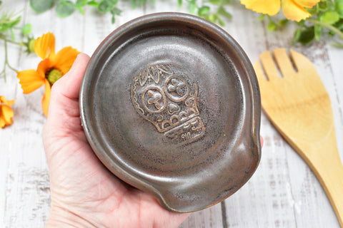 Sugar Skull Spoon Rest Ceramic Bronze Handmade Stoneware Pottery Large Stovetop Counter Coffee Bar Day of The Dead Kitchen Dining Goth Decor
