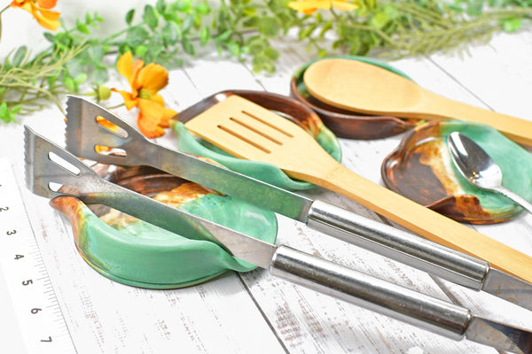 Ceramic Spoon Rest Handmade Copper Verdigris Green BBQ Air Fryer Tong Cooking Medium Large Stoneware Pottery Stovetop Countertop Coffee Bar