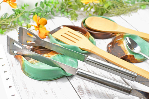 Ceramic Spoon Rest Handmade Copper Verdigris Green BBQ Air Fryer Tong Cooking Medium Large Stoneware Pottery Stovetop Countertop Coffee Bar