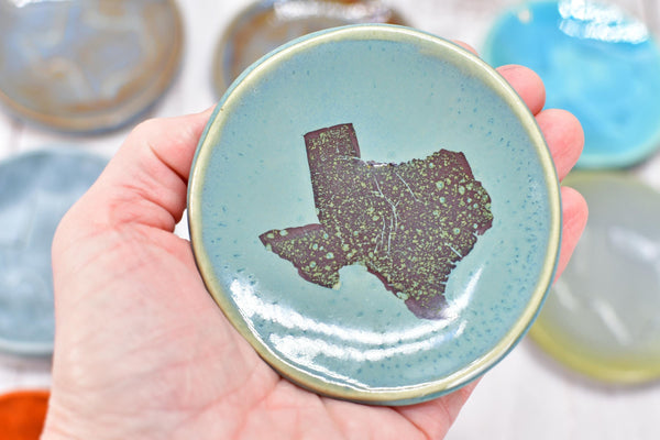 Texas Ceramic Small Coffee Spoon Rest, Handmade Jewelry Trinket Dish, Stoneware Pottery, Burnt Orange, Blue, Turquoise, Brown, Green, Black