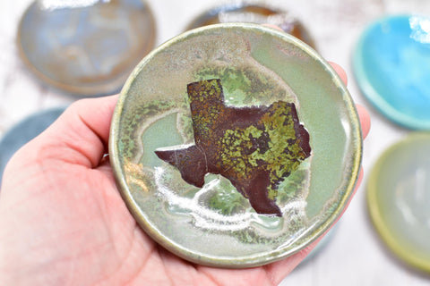 Texas Ceramic Small Coffee Spoon Rest, Handmade Jewelry Trinket Dish, Stoneware Pottery, Burnt Orange, Blue, Turquoise, Brown, Green, Black