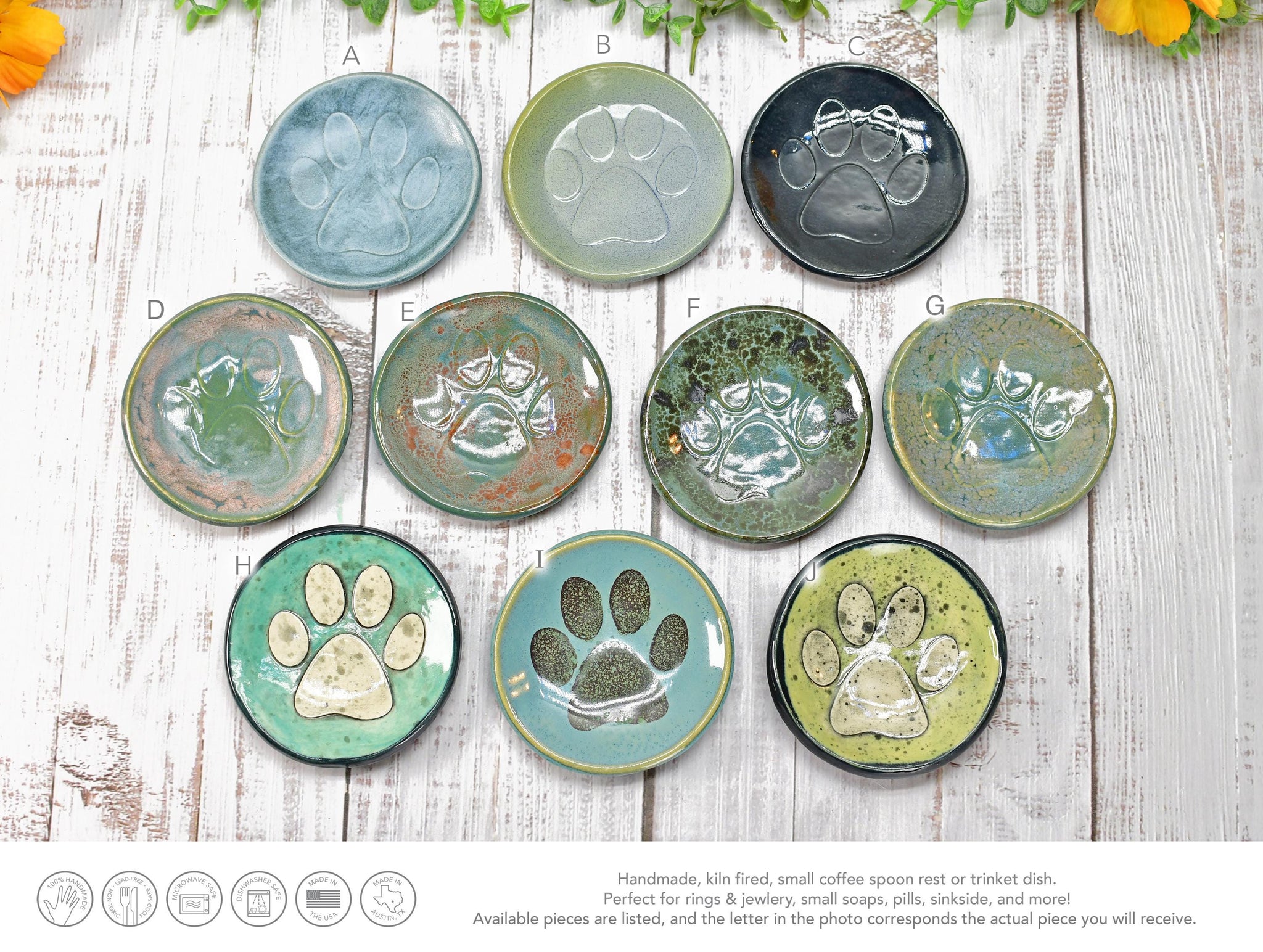Paw Print Ceramic Small Coffee Spoon Rest, Jewelry Trinket Dish, Handmade Stoneware Pottery in Blue, Green, Teal, Brown, Black, Unique Gift