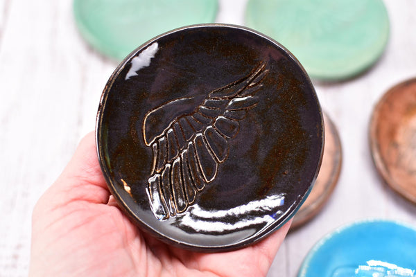Angel Bird Wing Ceramic Small Coffee Spoon Rest, Jewelry Trinket Dish, Handmade Stoneware Pottery Hand Painted in Black and White