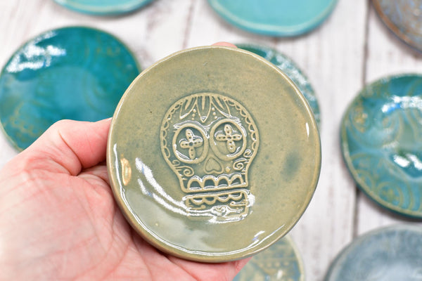 Sugar Skull Small Ceramic Coffee Spoon Rest, Handmade Stoneware Pottery, Blue, Black, Brown, Teal, Tea Bag Rest, Day of The Dead