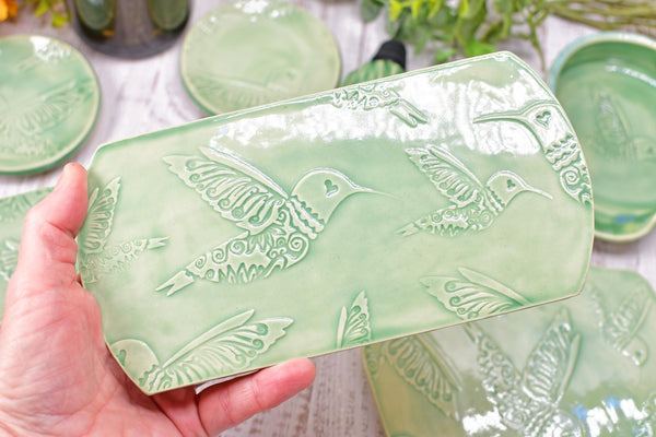 Hummingbird Spoon Rest Charcuterie Plate, Ceramic Flat Slab for Stovetop, Handmade Stoneware Pottery Mint Green Ring Dish Xmas Gift Per Each