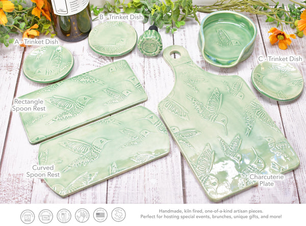 Hummingbird Spoon Rest Charcuterie Plate, Ceramic Flat Slab for Stovetop, Handmade Stoneware Pottery Mint Green Ring Dish Xmas Gift Per Each