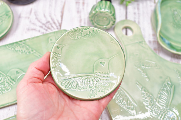 Hummingbird Spoon Rest Charcuterie Plate, Ceramic Flat Slab for Stovetop, Handmade Stoneware Pottery Mint Green Ring Dish Xmas Gift Per Each