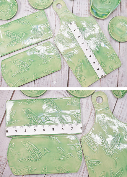 Hummingbird Spoon Rest Charcuterie Plate, Ceramic Flat Slab for Stovetop, Handmade Stoneware Pottery Mint Green Ring Dish Xmas Gift Per Each