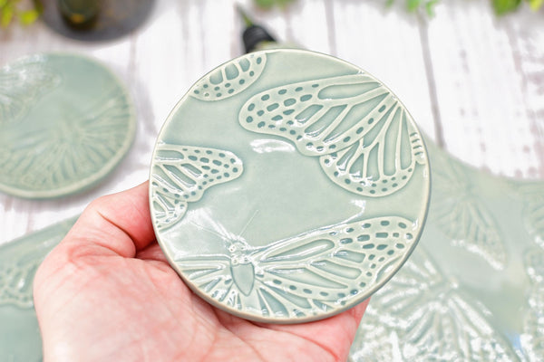 Butterfly Charcuterie Plate, Gray Ceramic Monarch Flat Spoon Rest Slab Stovetop, Handmade Stoneware Pottery Celadon, Xmas Gift, Per Each
