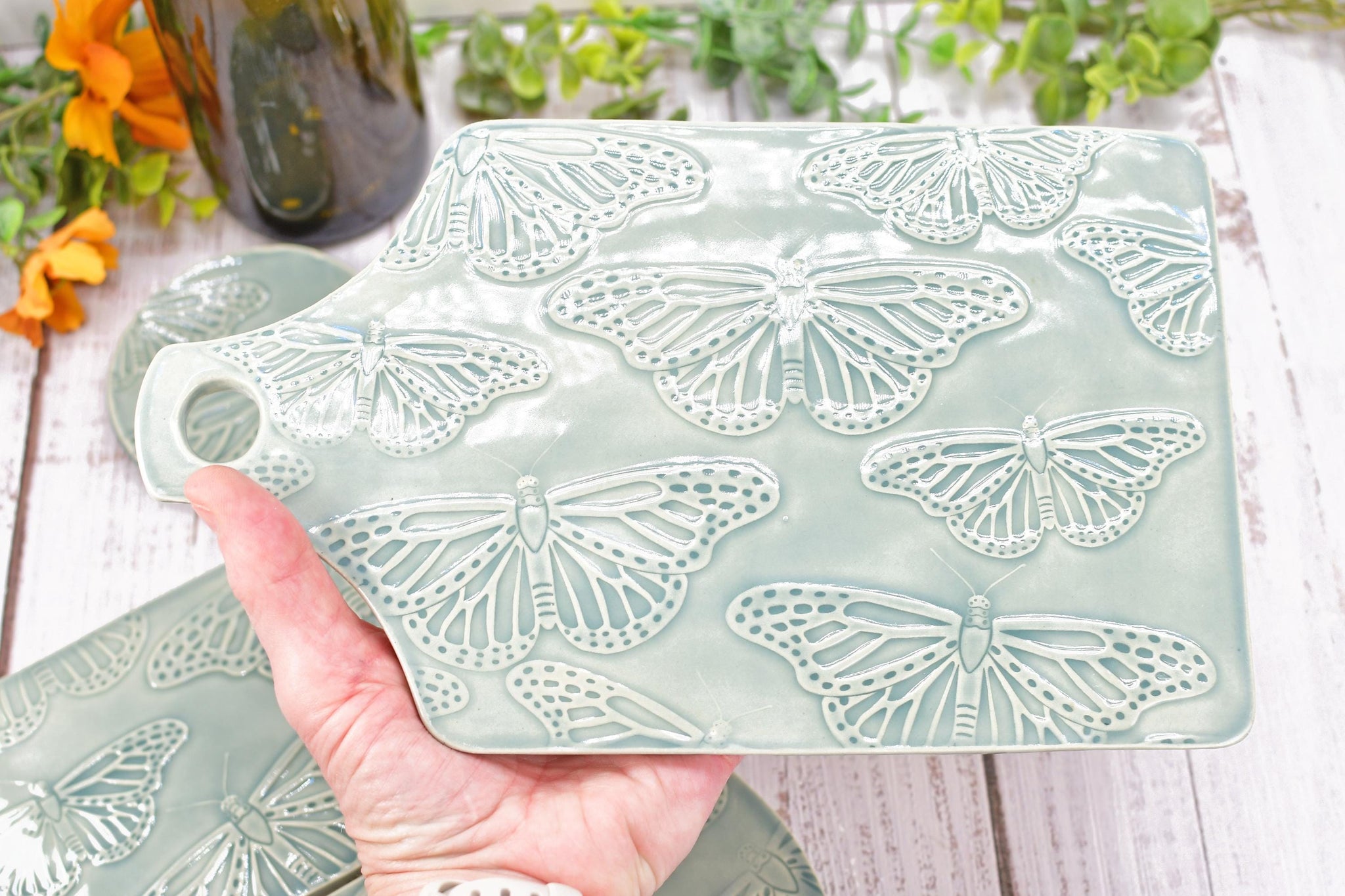 Butterfly Charcuterie Plate, Gray Ceramic Monarch Flat Spoon Rest Slab Stovetop, Handmade Stoneware Pottery Celadon, Xmas Gift, Per Each