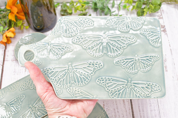 Butterfly Charcuterie Plate, Gray Ceramic Monarch Flat Spoon Rest Slab Stovetop, Handmade Stoneware Pottery Celadon, Xmas Gift, Per Each
