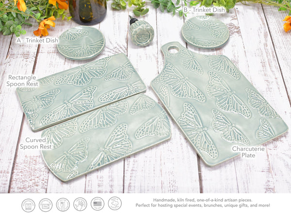 Butterfly Charcuterie Plate, Gray Ceramic Monarch Flat Spoon Rest Slab Stovetop, Handmade Stoneware Pottery Celadon, Xmas Gift, Per Each