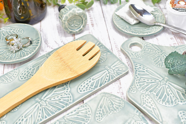 Butterfly Charcuterie Plate, Gray Ceramic Monarch Flat Spoon Rest Slab Stovetop, Handmade Stoneware Pottery Celadon, Xmas Gift, Per Each
