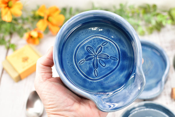 Seashell Ceramic Spoon Rest, Blue Beach Decor Handmade Medium & Large Stoneware Pottery for Stovetop, Table, or Counter with Sand Dollar