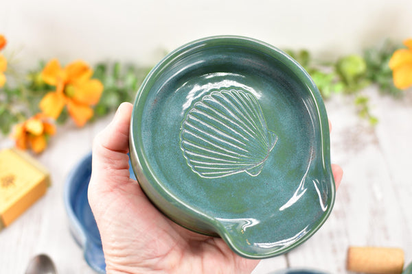 Seashell Ceramic Spoon Rest, Blue Beach Decor Handmade Medium & Large Stoneware Pottery for Stovetop, Table, or Counter with Sand Dollar