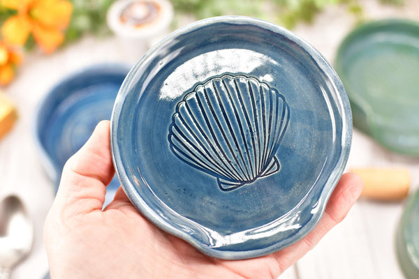 Seashell Ceramic Spoon Rest, Blue Beach Decor Handmade Medium & Large Stoneware Pottery for Stovetop, Table, or Counter with Sand Dollar