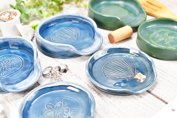 Seashell Ceramic Spoon Rest, Blue Beach Decor Handmade Medium & Large Stoneware Pottery for Stovetop, Table, or Counter with Sand Dollar