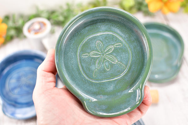 Seashell Ceramic Spoon Rest, Blue Beach Decor Handmade Medium & Large Stoneware Pottery for Stovetop, Table, or Counter with Sand Dollar