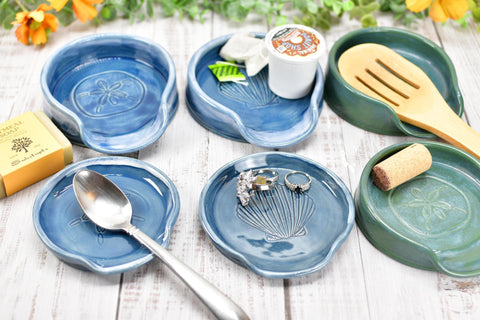 Seashell Ceramic Spoon Rest, Blue Beach Decor Handmade Medium & Large Stoneware Pottery for Stovetop, Table, or Counter with Sand Dollar