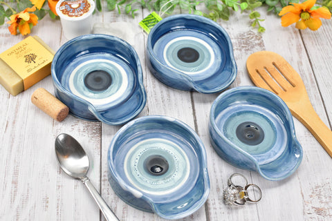 Evil Eye Ceramic Stove Top Spoon Rest Coffee Bar Tea Bag Pottery Blue White Handmade Handpainted Stoneware Large Housewarming Spiritual Gift