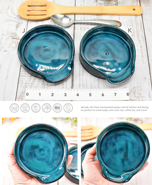 Blue Teal Ceramic Spoon Rest, Turquoise Handmade Small, Medium, Large Pottery for Stovetop, Table Counter - Housewarming Christmas Gift
