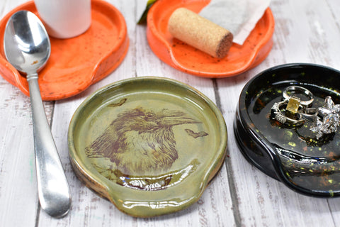 Raven Bird Ceramic Spoon Rest, Handmade Pottery, Medium for Stovetop Halloween, Countertop, Coffee Tea in Ghost Orange, Black, Olive Brown