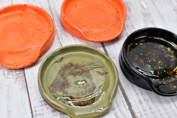 Raven Bird Ceramic Spoon Rest, Handmade Pottery, Medium for Stovetop Halloween, Countertop, Coffee Tea in Ghost Orange, Black, Olive Brown