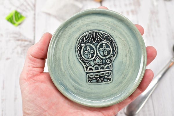 Sugar Skull Ceramic Spoon Rest, Handmade Stoneware Pottery in Blue, Gray, Black, Ring & Trinkets, Day of The Dead, Coffee or Tea Bar Kitchen