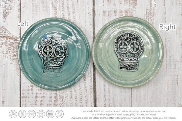 Sugar Skull Ceramic Spoon Rest, Handmade Stoneware Pottery in Blue, Gray, Black, Ring & Trinkets, Day of The Dead, Coffee or Tea Bar Kitchen