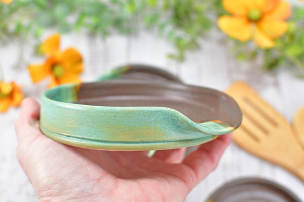 Bronze & Verdigris Green Ceramic Spoon Rest, Handmade Medium / Large Stoneware Pottery, Stove, Countertop Coffee Tea Bag Holder, Anniversary