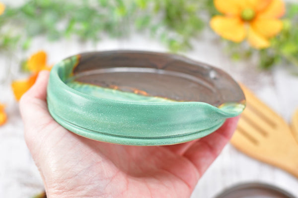 Bronze & Verdigris Green Ceramic Spoon Rest, Handmade Medium / Large Stoneware Pottery, Stove, Countertop Coffee Tea Bag Holder, Anniversary