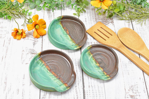 Bronze & Verdigris Green Ceramic Spoon Rest, Handmade Medium / Large Stoneware Pottery, Stove, Countertop Coffee Tea Bag Holder, Anniversary