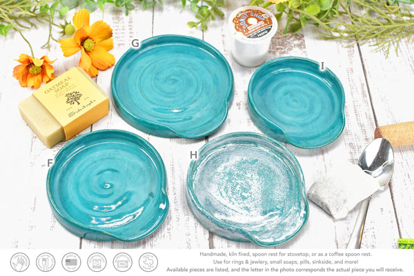 Blue Teal Ceramic Spoon Rest, Turquoise Handmade Medium & Large Stoneware Pottery for Stovetop, Table Counter - Housewarming Christmas Gift