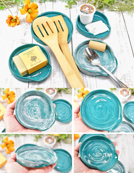 Blue Teal Ceramic Spoon Rest, Turquoise Handmade Medium & Large Stoneware Pottery for Stovetop, Table Counter - Housewarming Christmas Gift